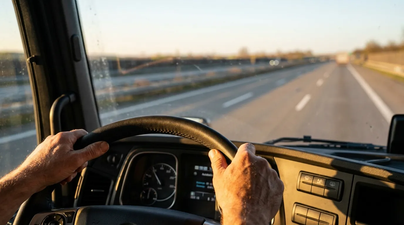 Blick aus der Fahrerkabine auf die offene Autobahn