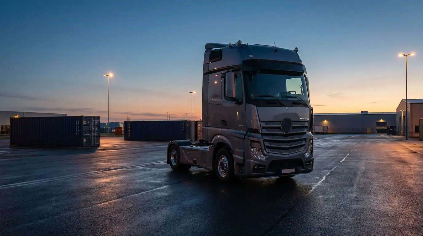 Einzelner LKW steht abends allein auf dem Betriebshof